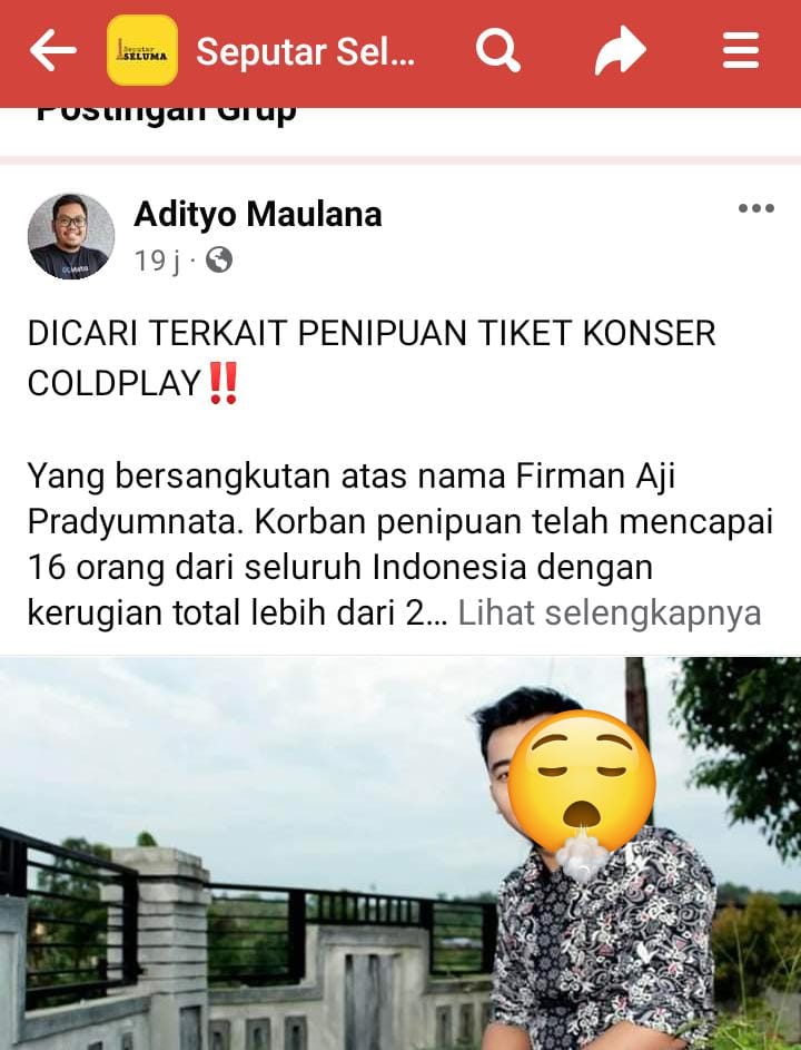 Heboh di Facebook di Grup Seputar Seluma, Warga Seluma Lakukan Dugaan Penipuan Tiket Coldplay?