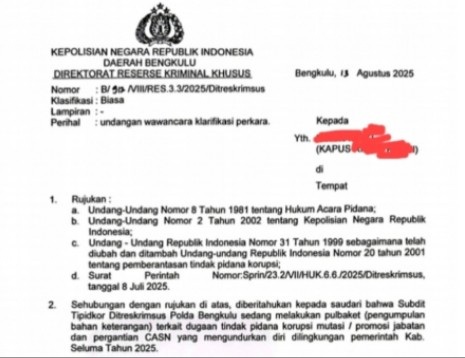   Jual Beli Jabatan di Pemda Seluma Ditangani Polda, Sudah Ada 5 Kepala Puskesmas Diperiksa