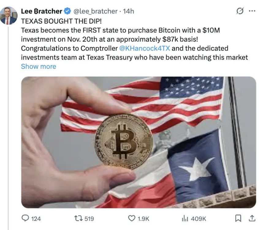   Texas Buy the Dip Bitcoin, Pemeritahnya Kucurkan Dana Rp80 Miliar ke ETF