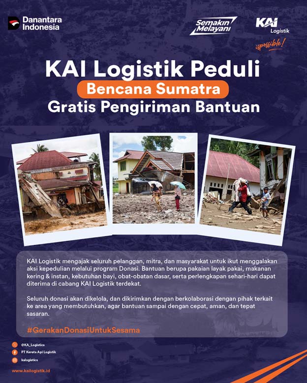  KAI Logistik Gratiskan Pengiriman Bantuan untuk Sumatra, Ikut Bantu Pemulihan