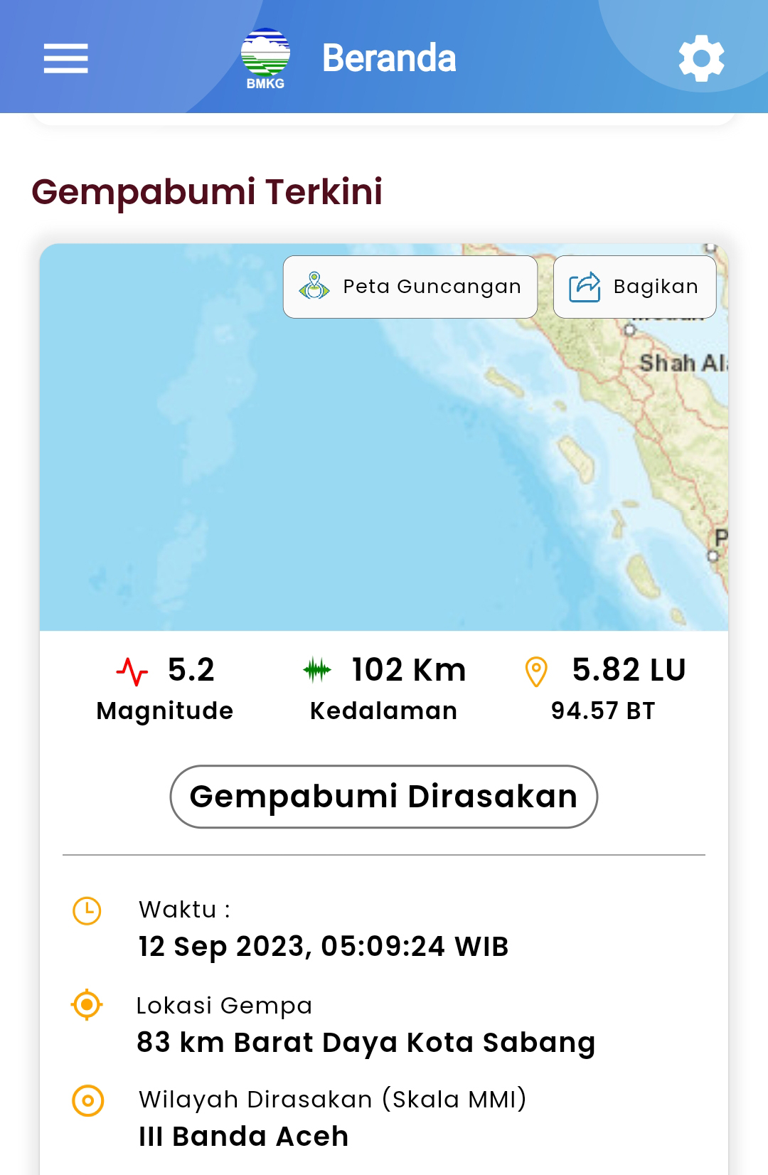 Gempa Terkini, 5.2 SR di Kota Sabang Aceh! Sudah 7 Kali Gempa dari 9 September