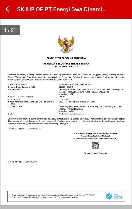Sejak 17 Januari 2025, PT. ESDM Sudah Kantongi Perizinan Tambang Emas di Seluma dari  Menteri ESDM