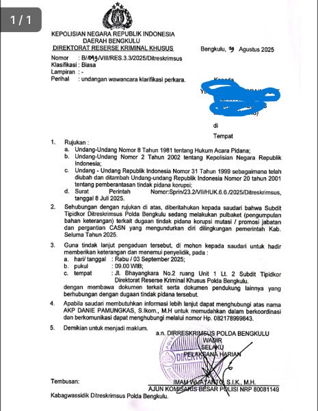 Polda Bengkulu Sudah Kantongi Bukti Dugaan Jual Beli Jabatan Kapus di Seluma