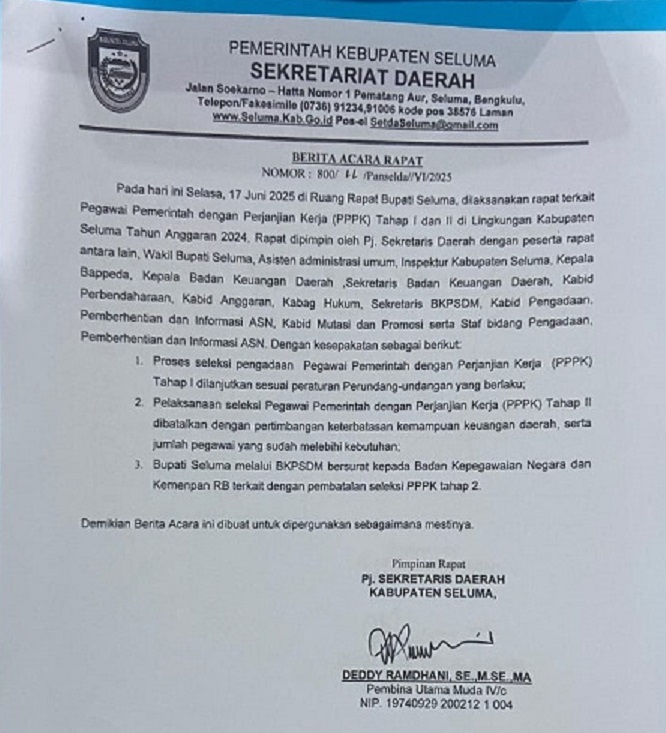 Surat Tertanggal 17 Juni 2025, Diputuskan Seleksi PPPK Tahap II Seluma Dibatalkan?