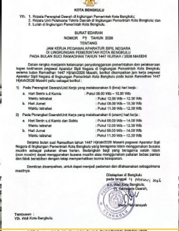 ASN Pemkot Bengkulu Masuk Jam 08.00 WIB, Pulang Pukul 15.00 WIB Selama Ramadan