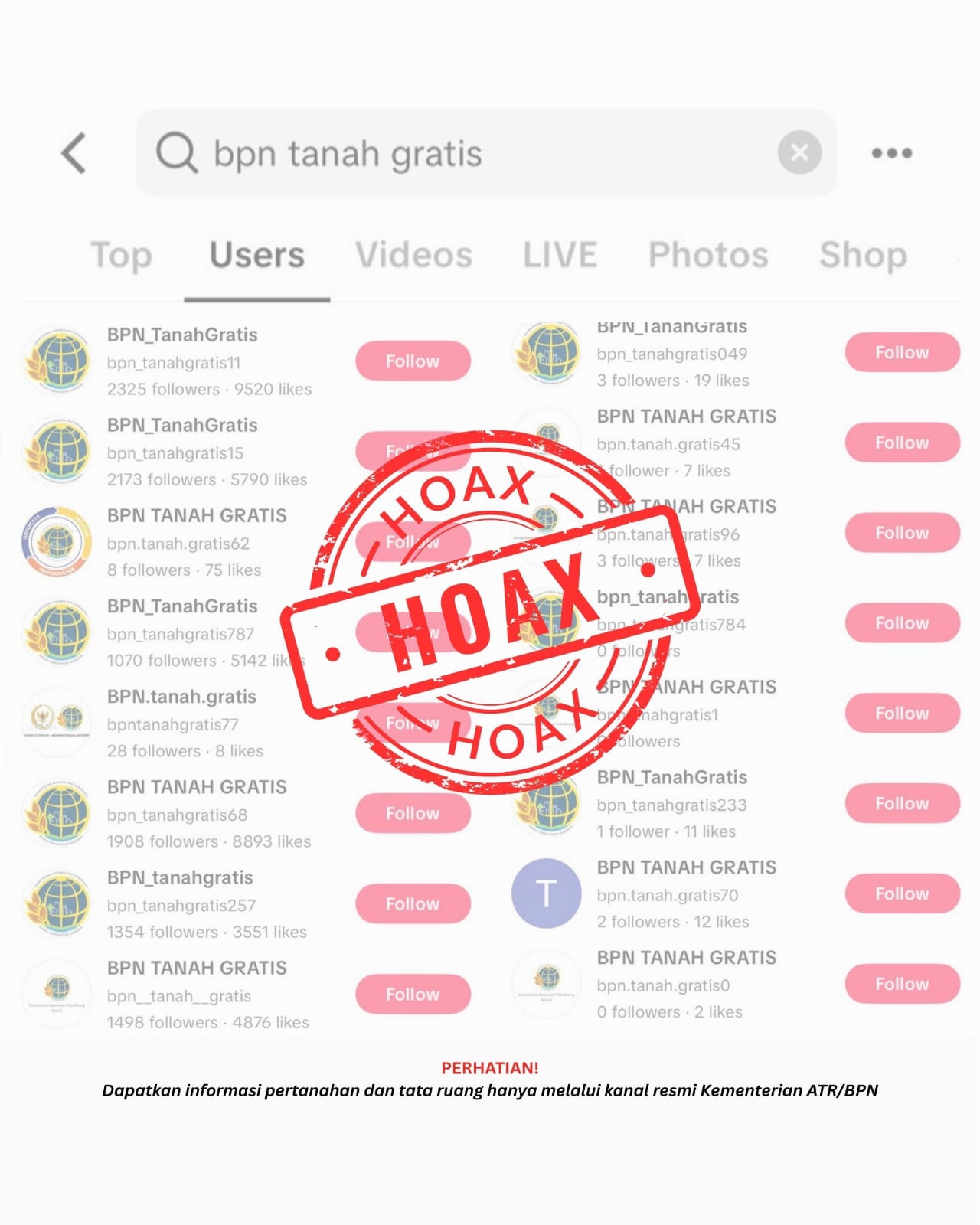 Hoaks “BPN Tanah Gratis” Beredar di TikTok,  Masyarakat Waspada Semua Akun Palsu