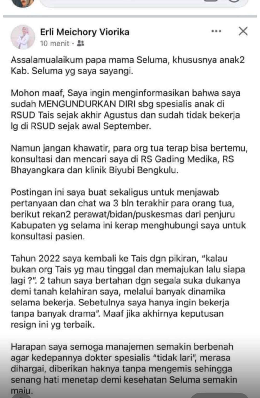 RSUD Tais Kembali Diterpa Isu,  Dokter Spesialis Anak Mengundurkan Diri