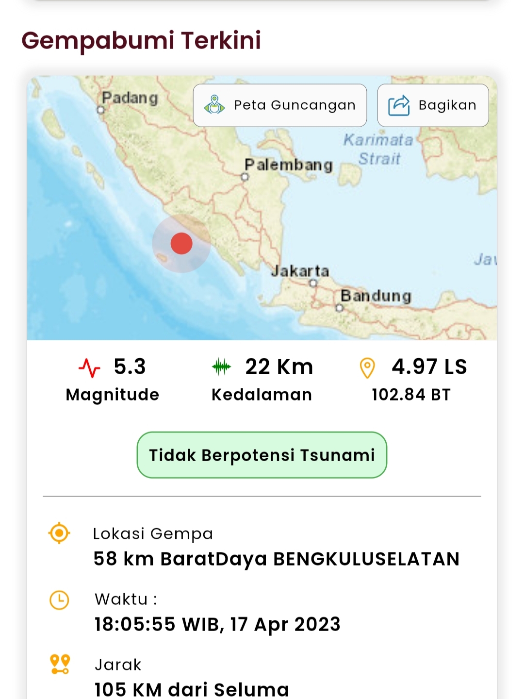 Gempa  5,3 SR Guncang  Seluma