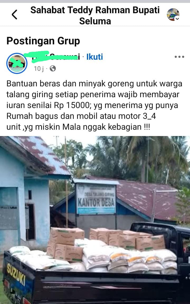 Viral Dugaan Pungutan Bantuan Pangan di Talang Giring, DKP Seluma Pastikan Penyaluran Gratis