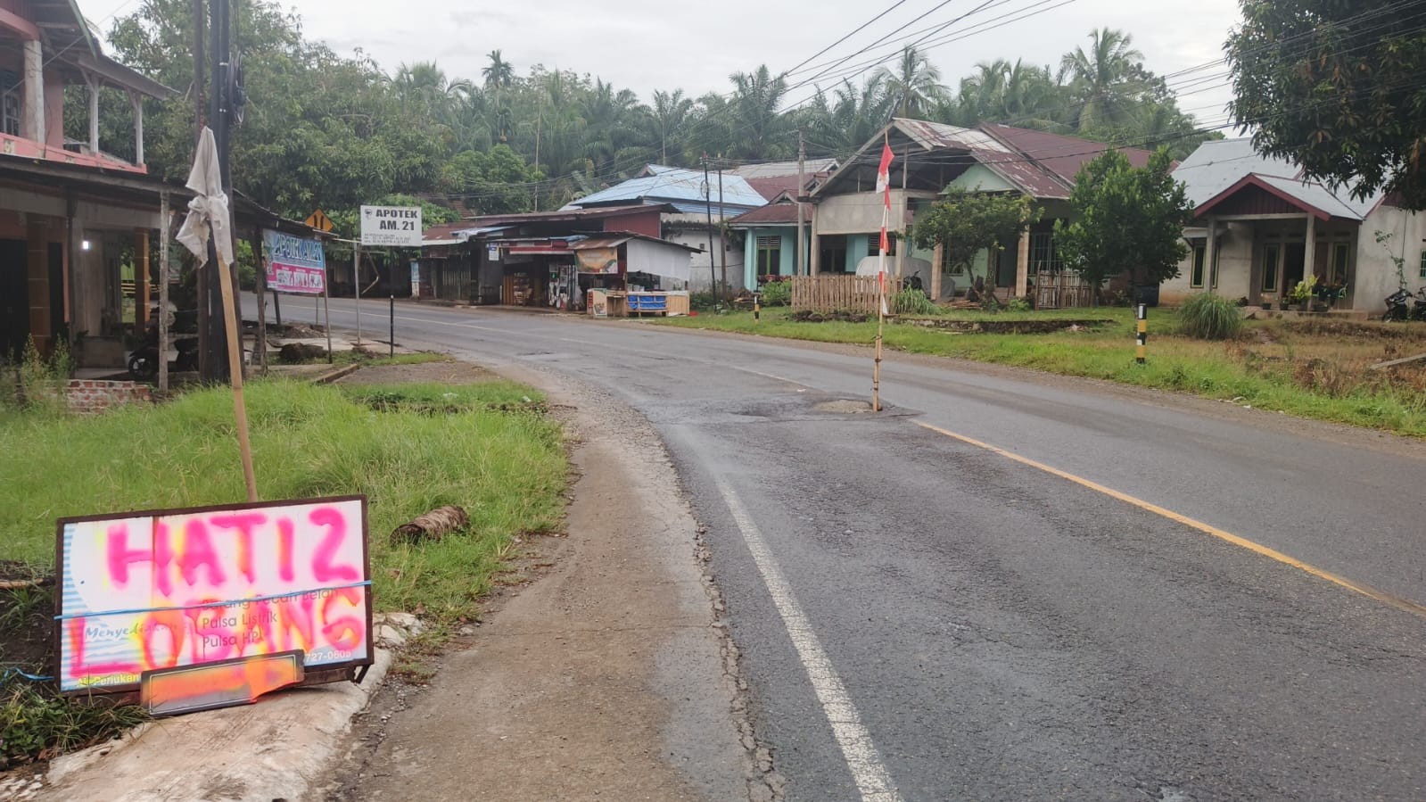 Lubang di Tengah Jalan Lintas Barat Bengkulu–Tais Semakin Membesar, Warga Pasang Tanda Bendera Peringatan