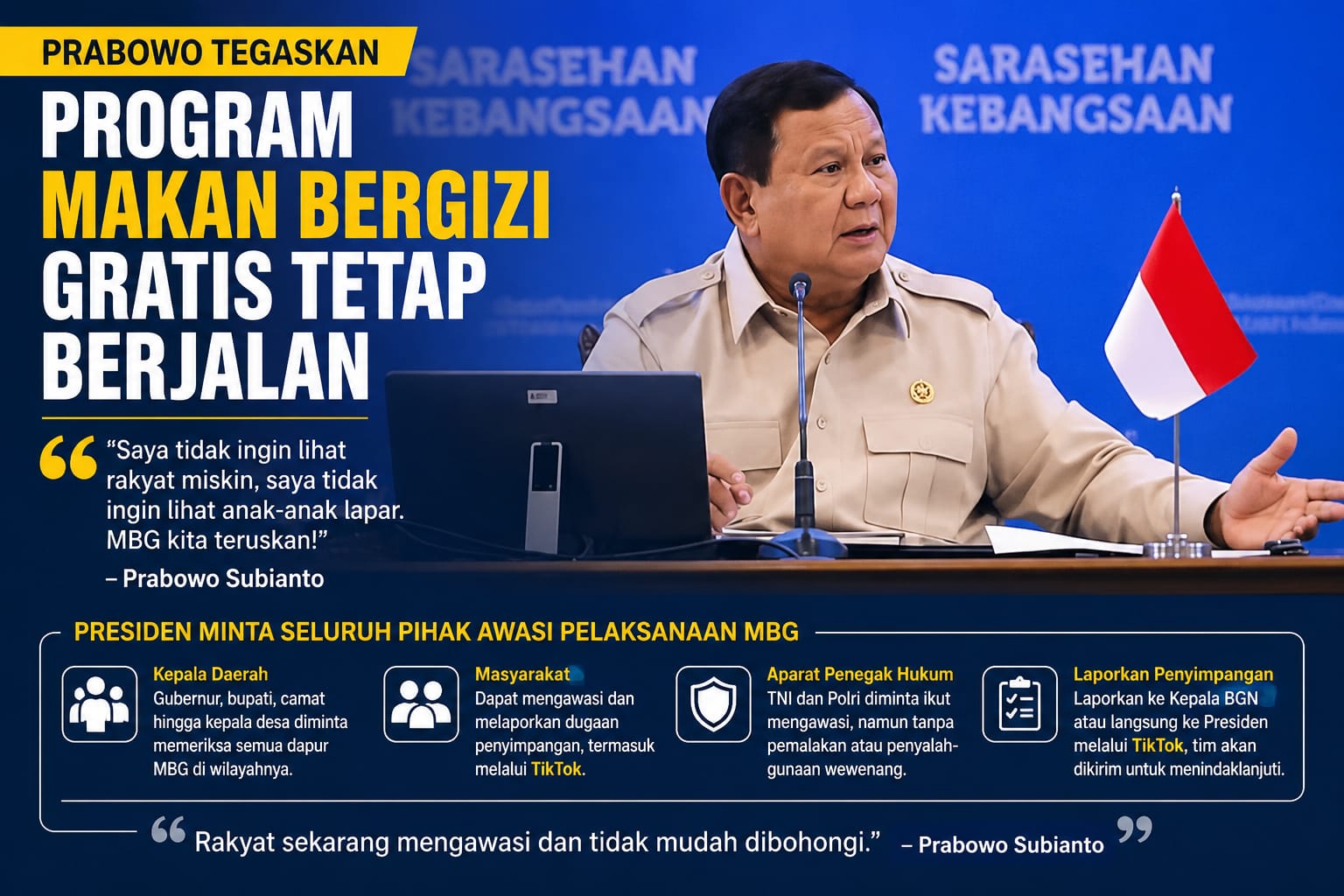 Prabowo Tegaskan Program Makan Bergizi Gratis Tetap Berjalan, Minta Kepala Daerah dan Masyarakat Awasi