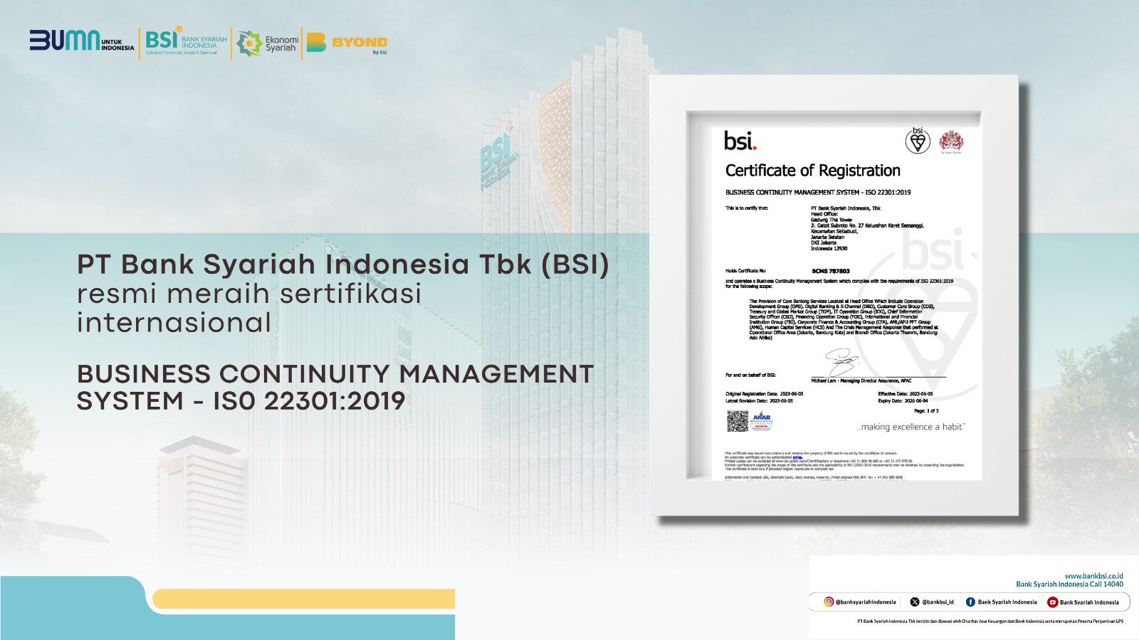   BSI Raih Sertifikasi Internasional ISO 22301:2019, Sudah Siap Go Internasional