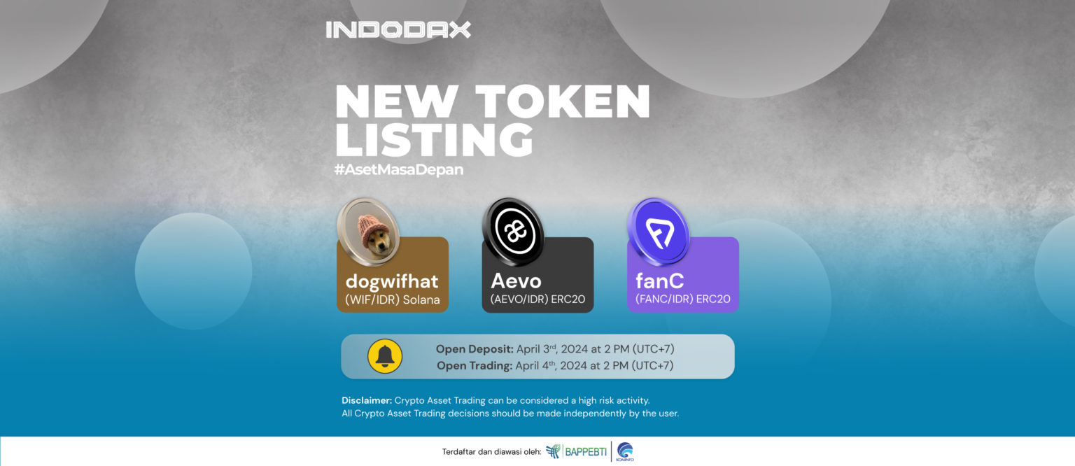 3 Kripto Baru Listing di Indodax, Dogwifhat (WIF), Aevo (AEVO) dan fanC (FANC) 