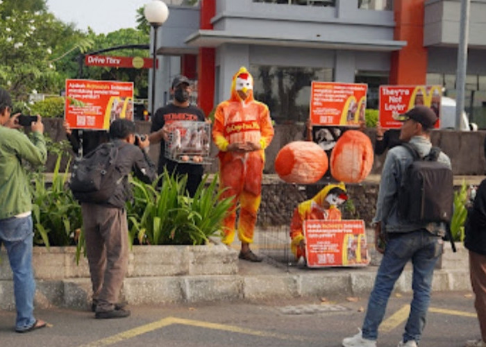 Tak Kunjung Terbitkan Komitmen Bebas Sangkar, Animal Friends Jogja Hadiahi McDonald’s Telur Penuh Darah