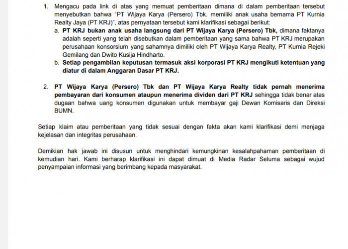 Hak Jawab PT. Wijaya Karya Atas Berita yang Disampaikan CERI