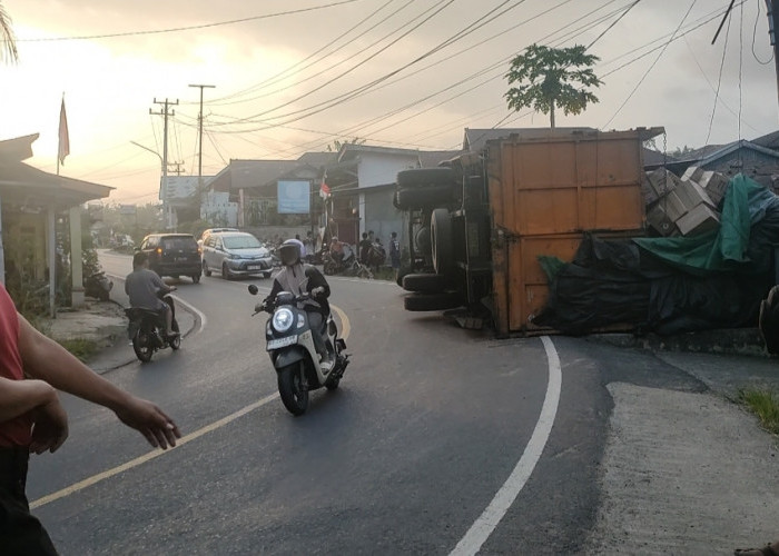   Truk Fuso Muatan Biskuit, Terbalik di Tikungan Bunga Mas Seluma