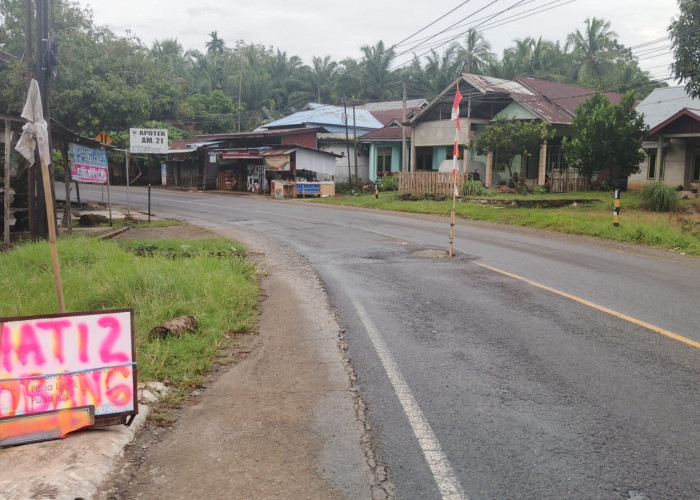 Lubang di Tengah Jalan Lintas Barat Bengkulu–Tais Semakin Membesar, Warga Pasang Tanda Bendera Peringatan