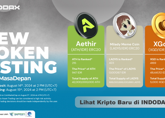 Listing di Indodax, Aethir (ATH), Milady Meme Coin (LADYS), dan XGold (XGD) Sudah Bisa Transaksi